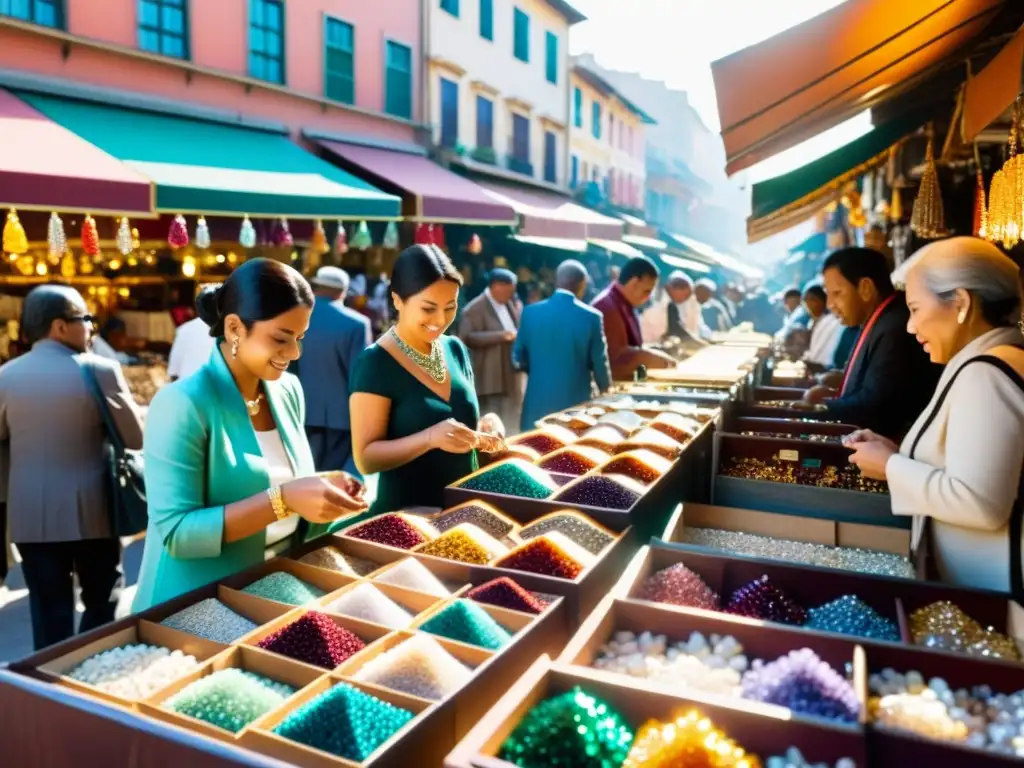 Una bulliciosa feria de joyería en una ciudad vibrante, donde la gente examina y compra joyas de gemas