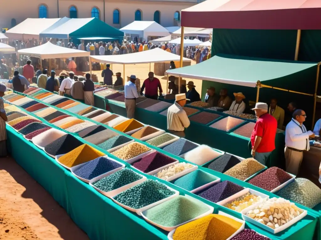 Una bulliciosa feria internacional de minerales, con vendedores y una variedad de gemas y minerales