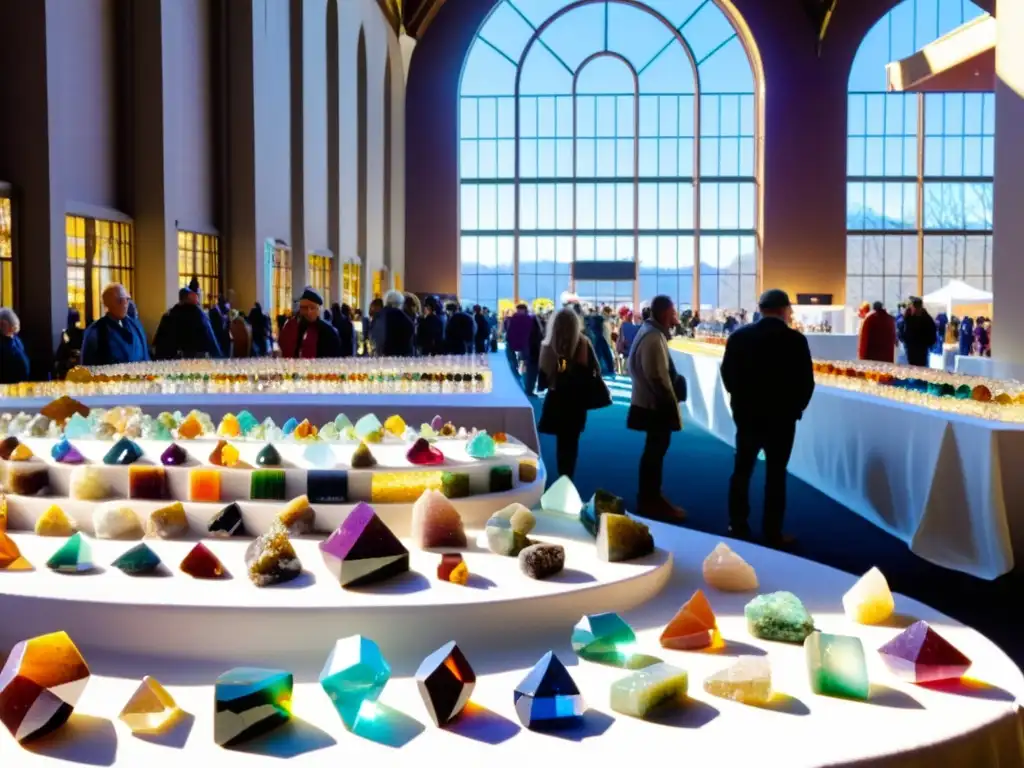 Feria de Minerales: Colores y Conversaciones Un bullicioso evento de minerales con vendedores y visitantes entusiastas examinando gemas y cristales