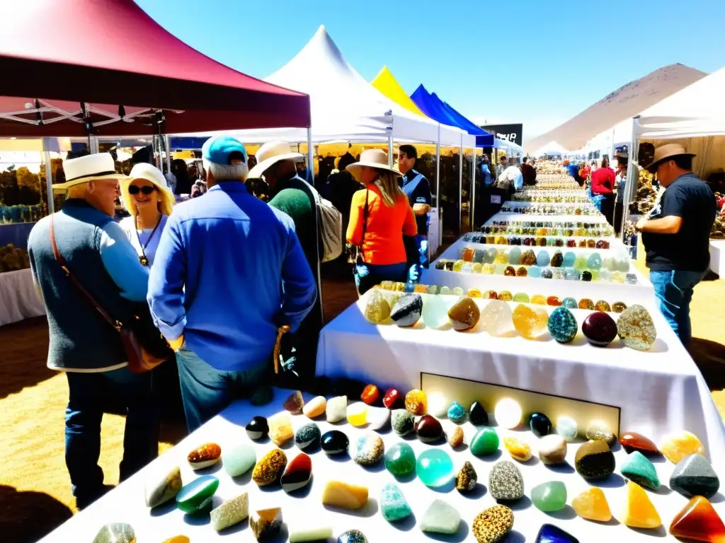 Un bullicioso evento de minerales con vendedores exhibiendo rocas y gemas coloridas, mientras los visitantes exploran los diversos stands