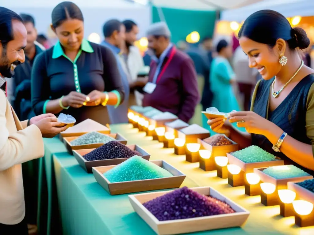 Mercado de minerales: colores, brillo y cultura Un bullicioso mercado en una feria de minerales, con puestos coloridos y brillantes gemas