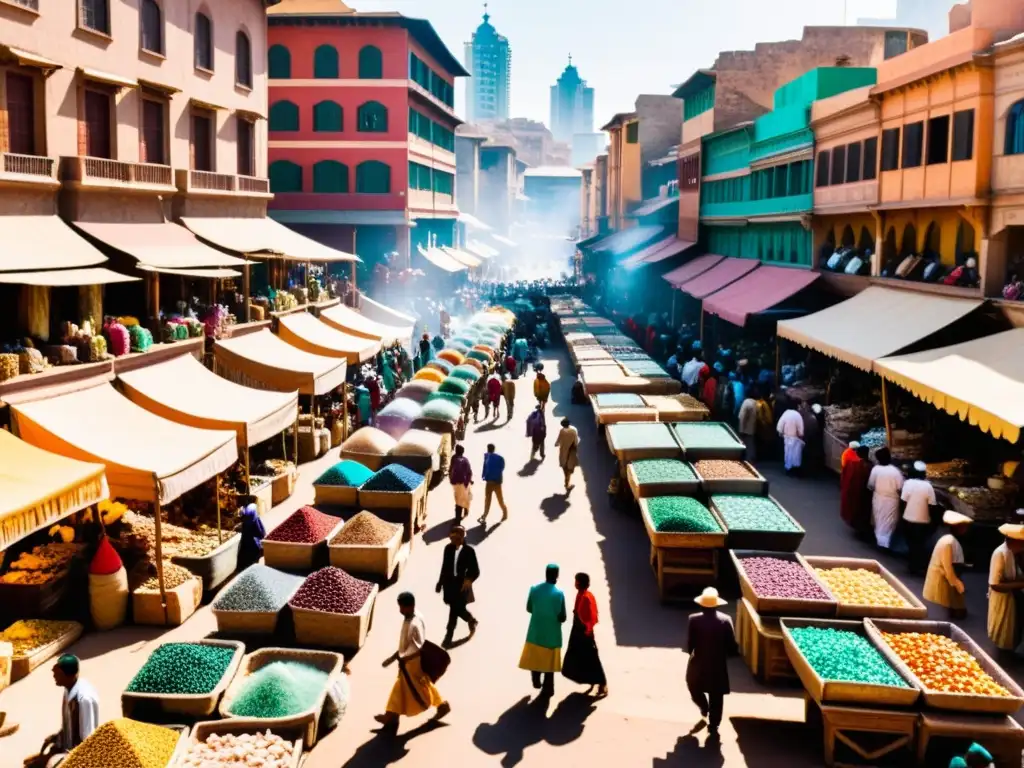 Un bullicioso mercado de gemas en una ciudad, con vendedores y compradores regateando bajo el sol