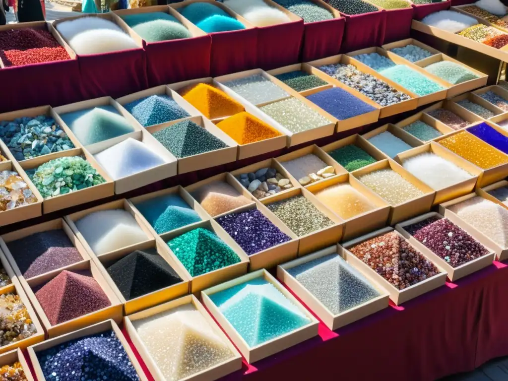 Un bullicioso mercado en Asia repleto de gemas y minerales coloridos, con vendedores mostrando sus preciosas mercancías bajo la luz natural