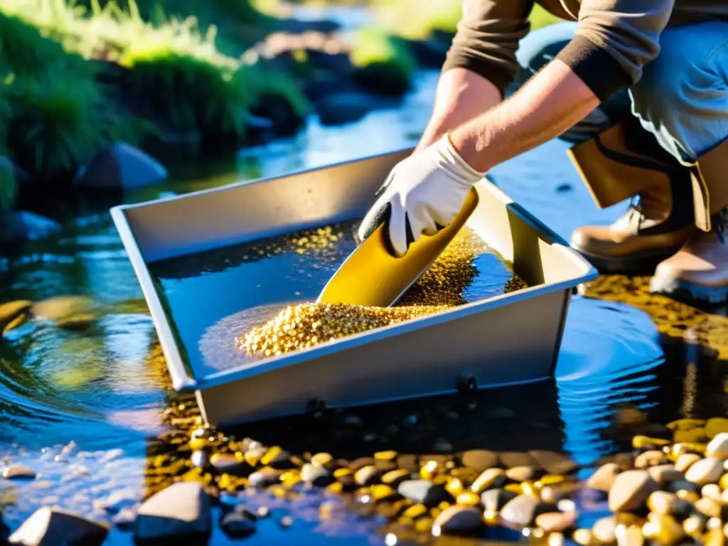 Un buscador de oro vierte sedimento en una esclusa en un arroyo brillante