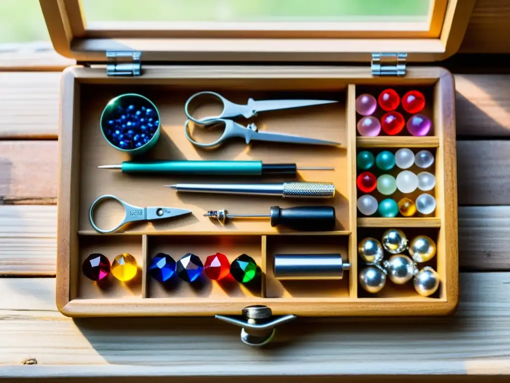 Una caja de herramientas de joyería itinerante sobre banco rústico, con herramientas y materiales de colores, iluminada por luz natural cálida