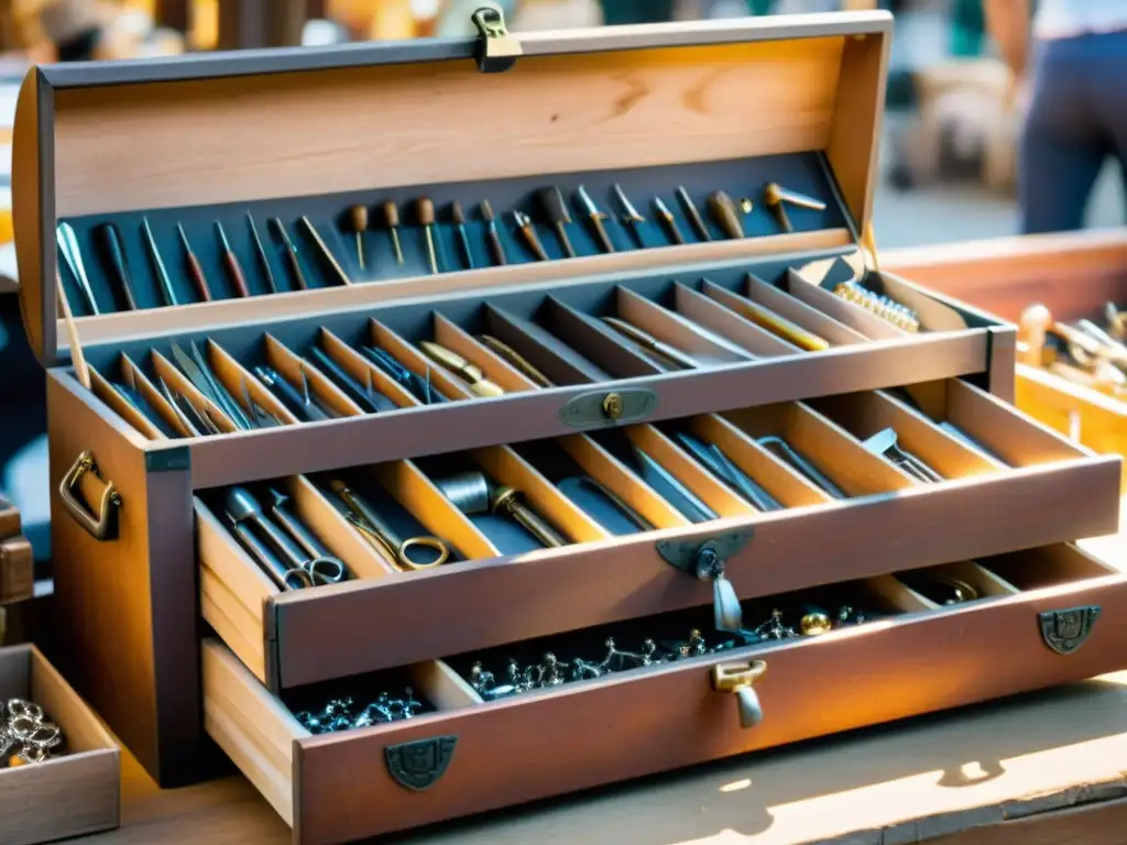 Una caja de herramientas joyero itinerante repleta de utensilios, en un mercado artesanal bullicioso, iluminada por el cálido sol