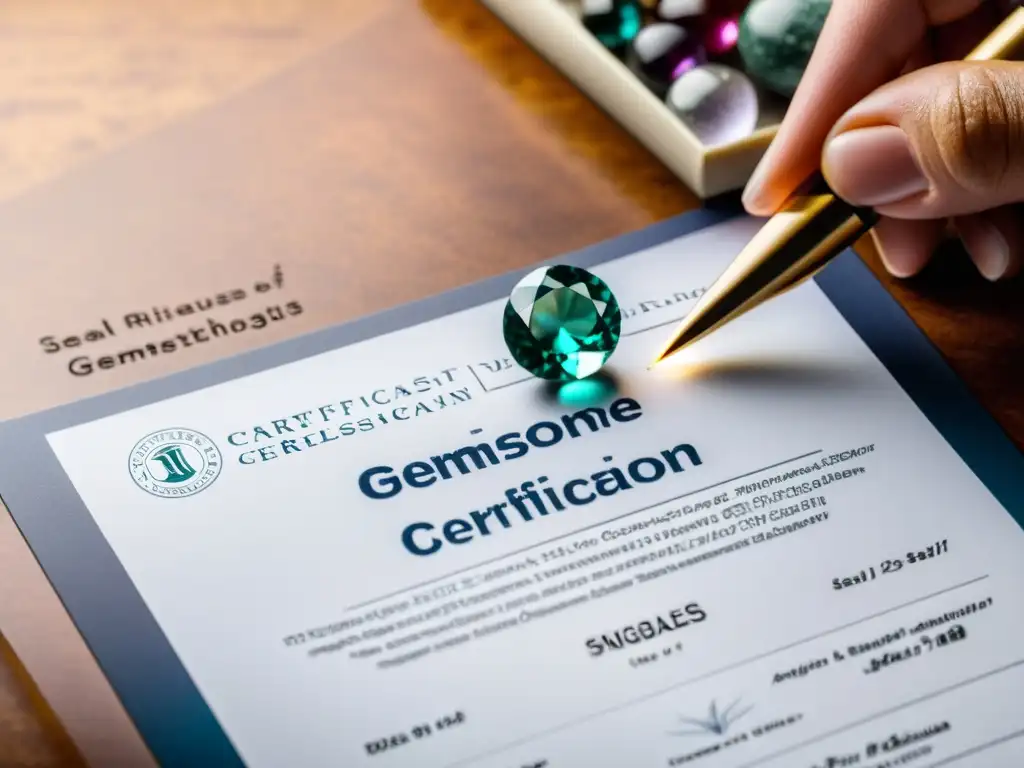 Certificaciones gemas responsables: Detalles precisos de un certificado de autenticidad de gemas en un entorno profesional de gemología, resaltando su importancia ética