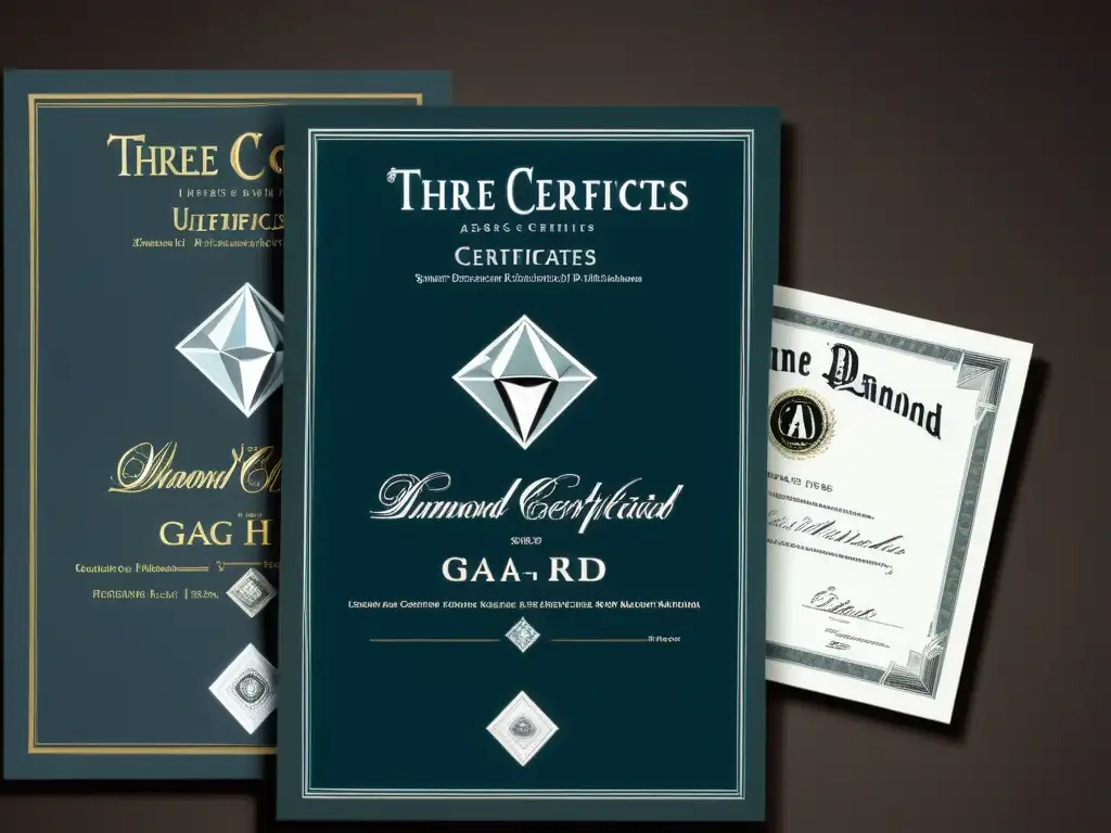 Tres certificados de diamante de GIA, AGS y HRD en un elegante fondo oscuro, destacando las diferencias entre certificadores diamantes