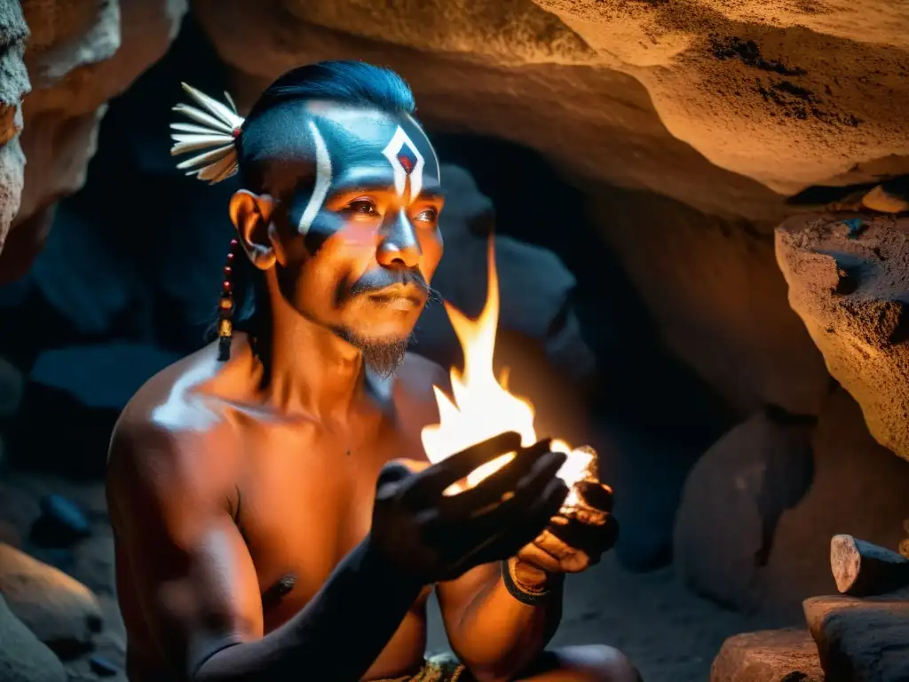 Un chamán en una cueva iluminada por fuego sostiene obsidiana