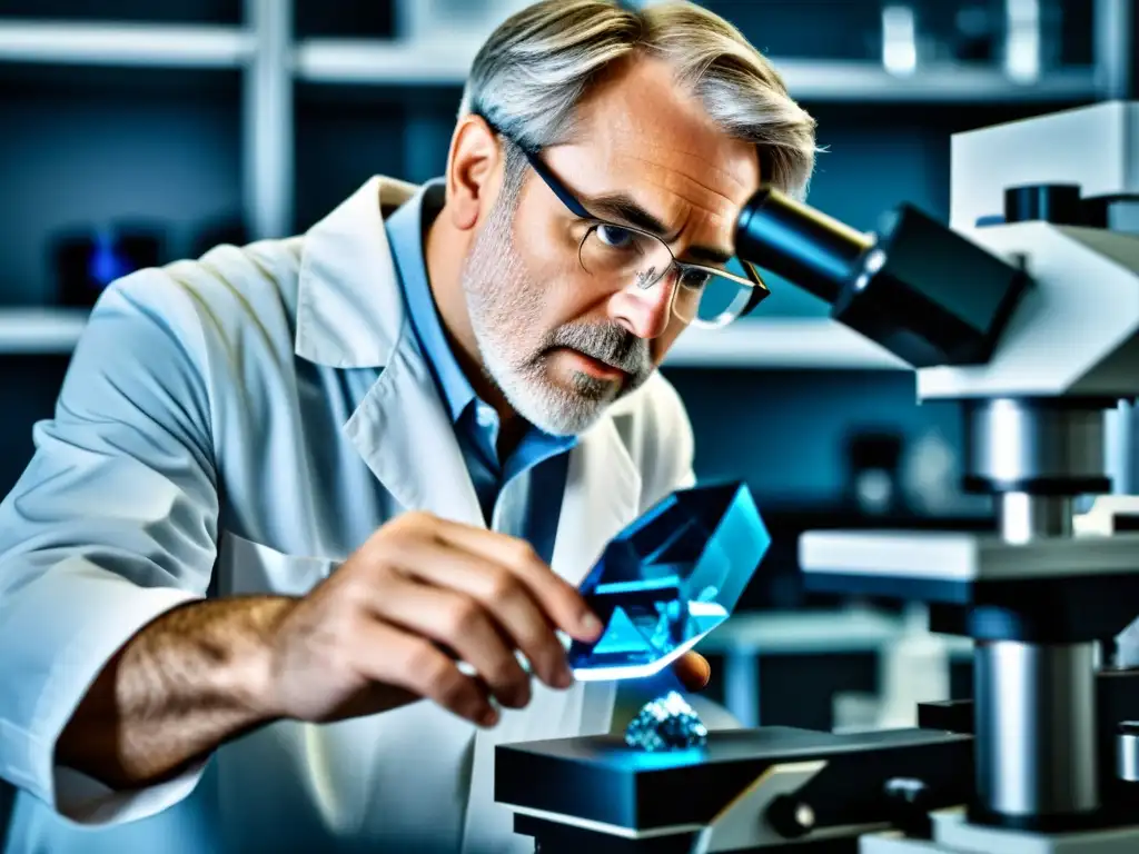 Un científico examina detalladamente un cristal de corindón en un laboratorio, mostrando la influencia del corindón en óptica