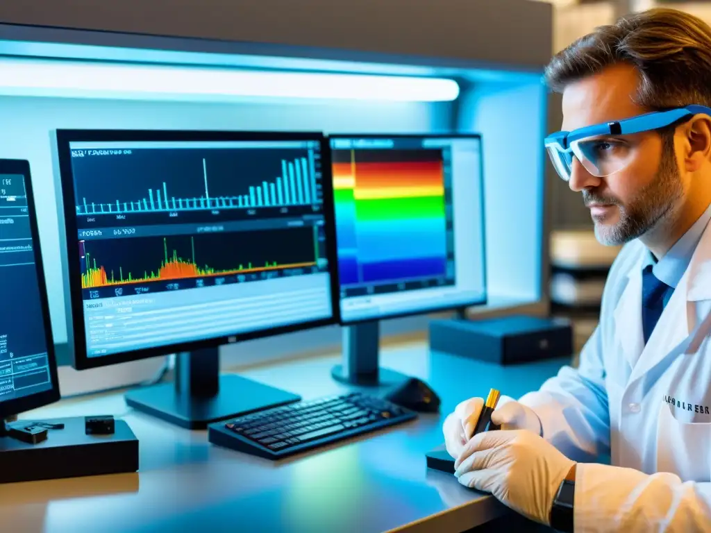 Un científico examina un mineral bajo un espectrómetro, con líneas espectrales coloridas y datos químicos detallados en pantalla