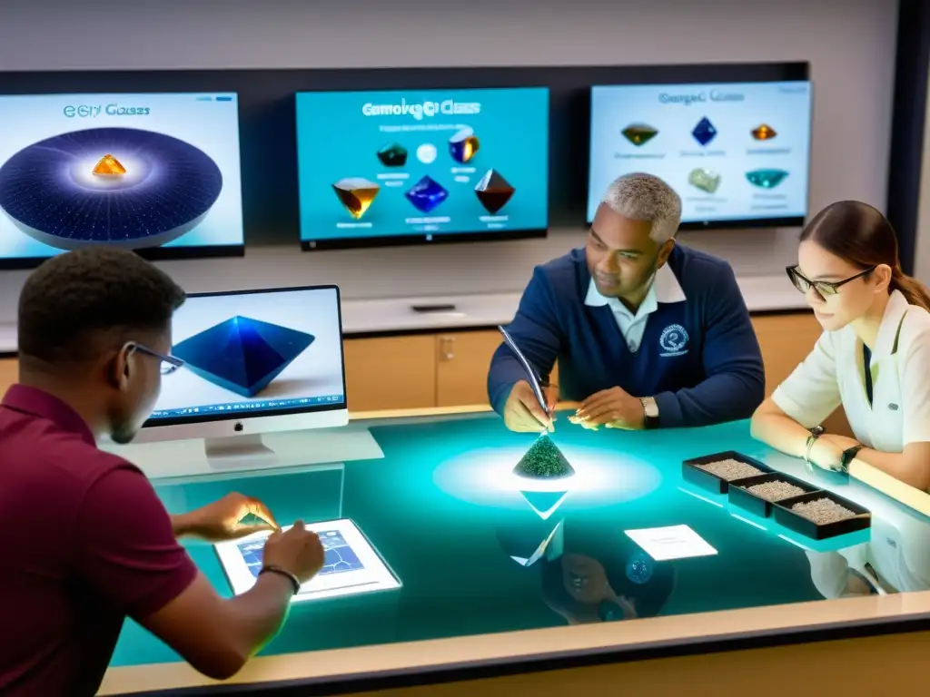 Una clase virtual de gemología, con estudiantes diversos participando en ejercicios prácticos y discusiones