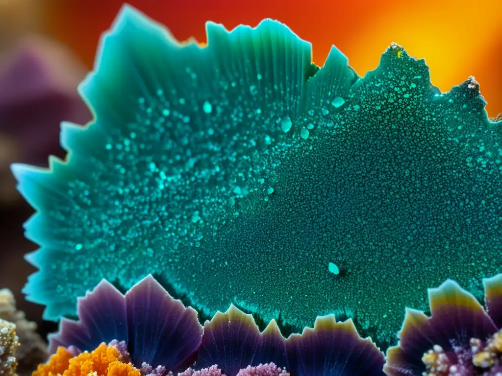 Closeup de un mineral con fosfatos, arseniatos o vanadatos, resaltando estructura cristalina y colores vibrantes