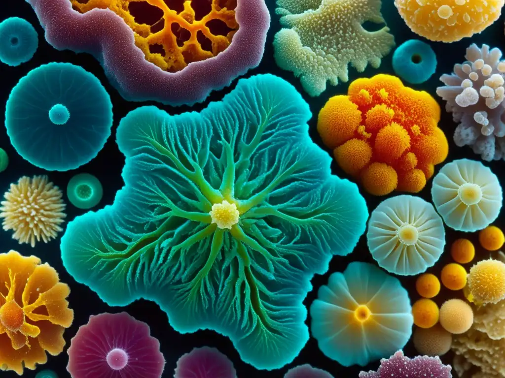 Cluster de microorganismos en vibrante simbiosis con minerales, ilustrando la fascinante biominería microorganismos extracción minerales