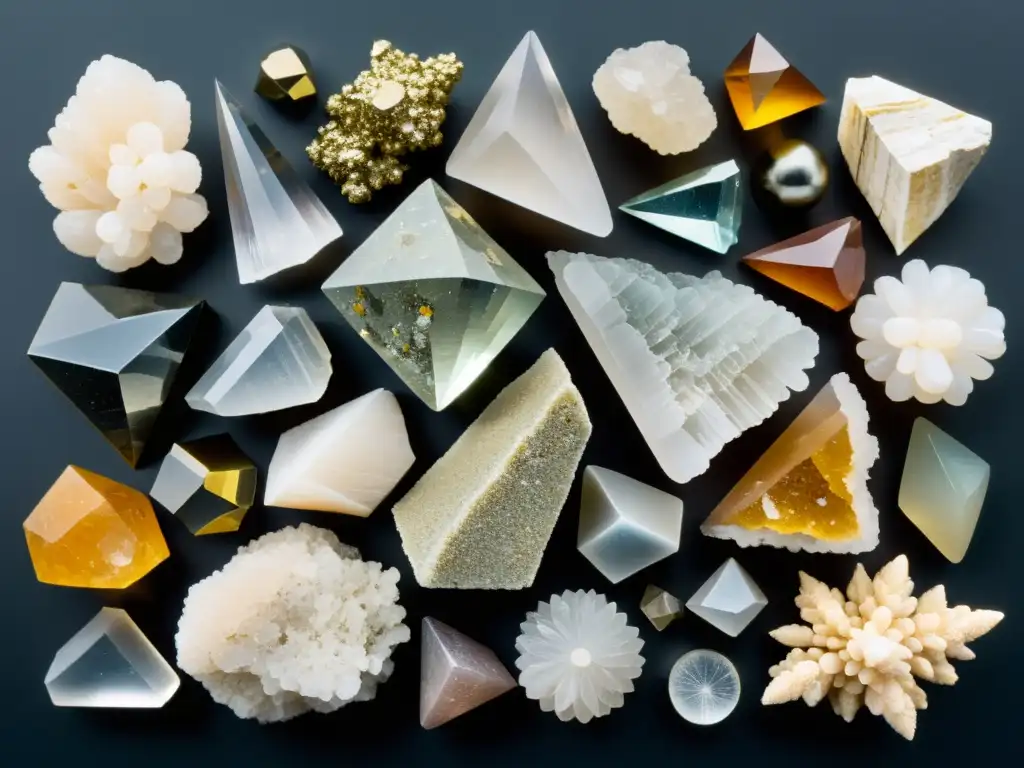 Una colección diversa de minerales comunes exhibe su belleza natural y diversidad geológica en una superficie oscura texturizada