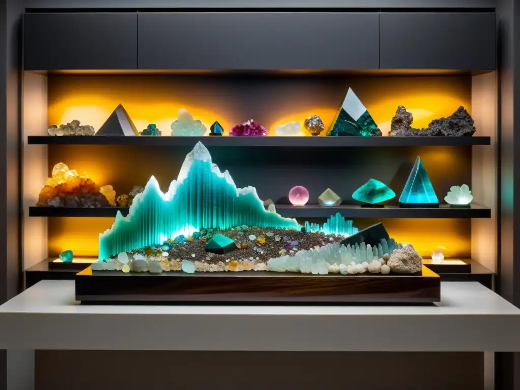 Una colección exquisita de minerales raros iluminados en estantes elegantes en una habitación climatizada