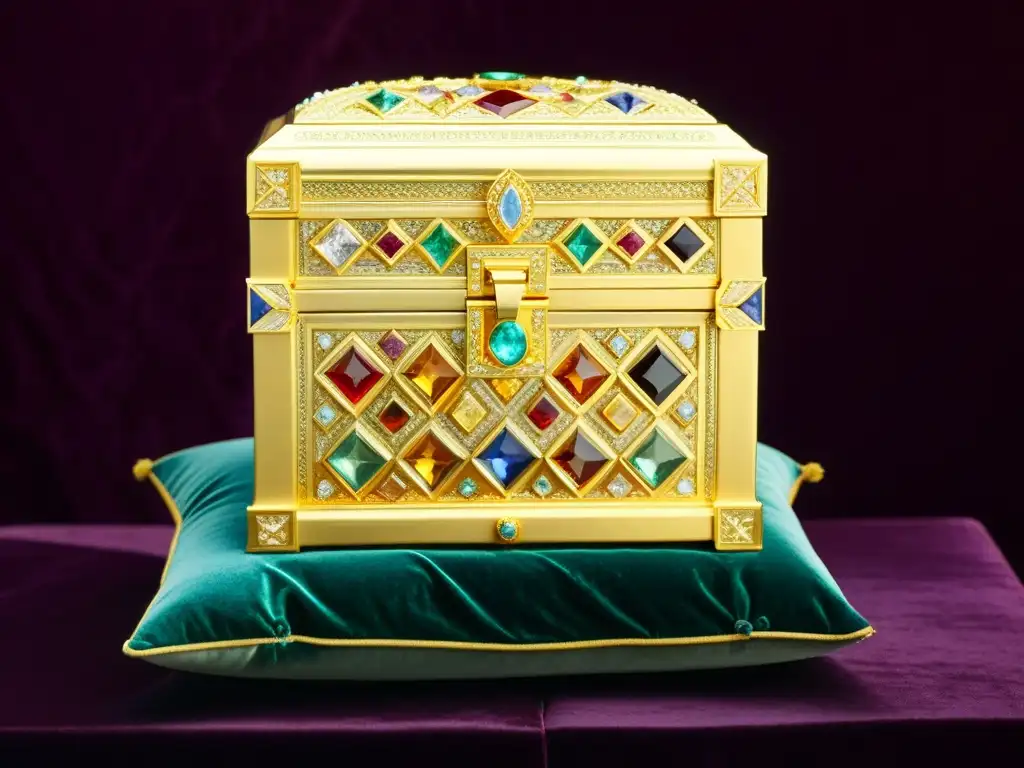 Tesoro ancestral: gemas relucientes en un cofre dorado Una colección de gemas históricas brilla en un cofre de oro en una exposición