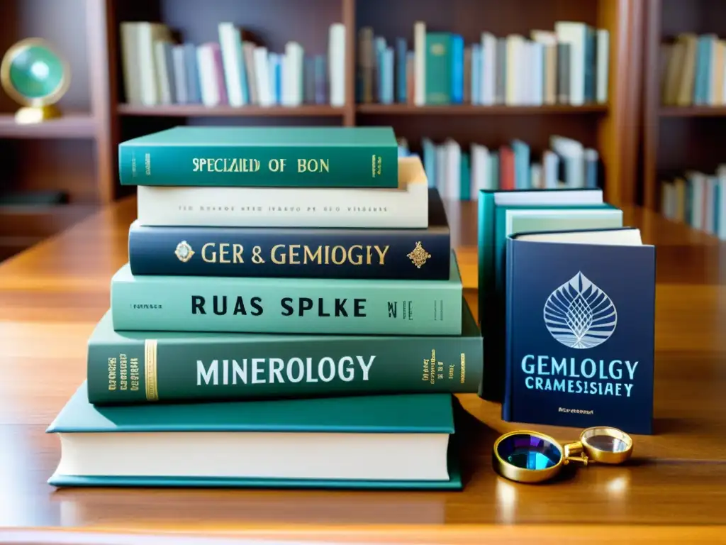 Una colección de libros especializados para identificar gemas y minerales, con diseños detallados y títulos relacionados, acompañados de muestras de gemas, una lupa y un cuaderno de notas, todo iluminado por una suave luz natural