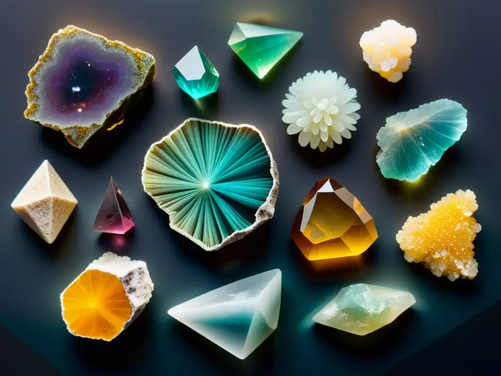 Una colección de minerales brillantes y coloridos en una superficie mate