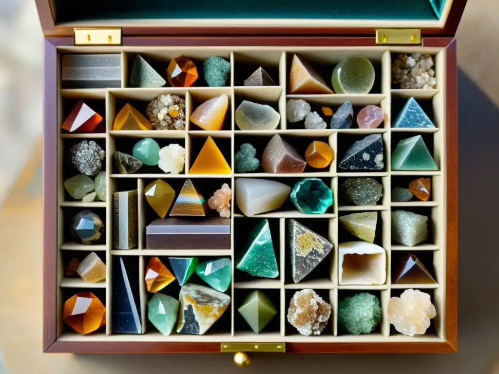 Una colección de minerales en cajas organizadas por un geólogo, con colores y texturas vibrantes