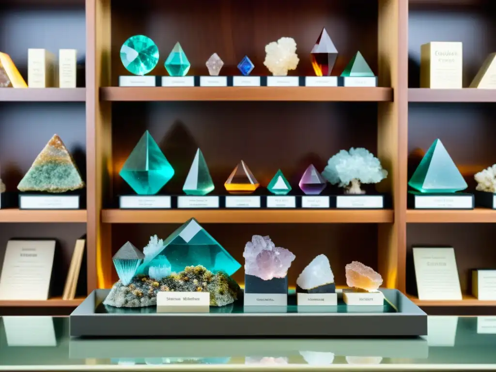 Una colección de minerales en una mesa moderna, iluminados suavemente, rodeados de publicaciones sobre minerales y la tabla periódica