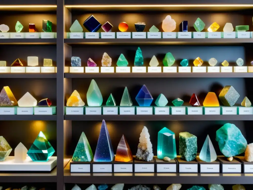 Una colección meticulosamente organizada de minerales y gemas, resaltando sus colores y texturas bajo una suave iluminación natural