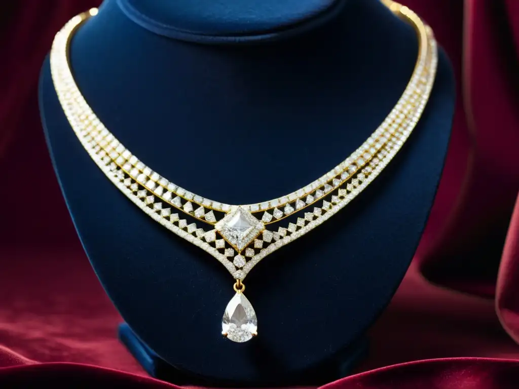 Un collar de diamantes centelleantes sobre terciopelo, evocando elegancia y glamour