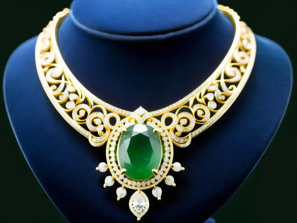 Collar de jade y diamantes en exposición de joyería en Hong Kong, fusionando diseño oriental y occidental en un ambiente de lujo y prestigio