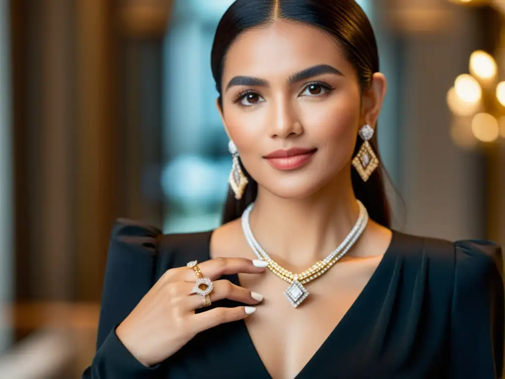 Influencer de joyería del siglo XXI sostiene un collar de diamantes, rodeada de exquisitas joyas y luz natural, irradiando sofisticación y confianza