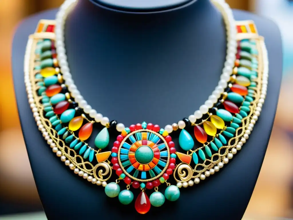 Un collar indígena con gemas y símbolos tradicionales en feria cultural: culturas ancestrales y gemas ferias