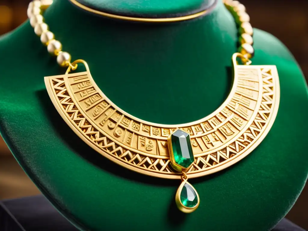 Collar egipcio de oro y esmeraldas: brillo ancestral Collar de oro y esmeraldas de Egipto antiguo en exposición de gemas históricas