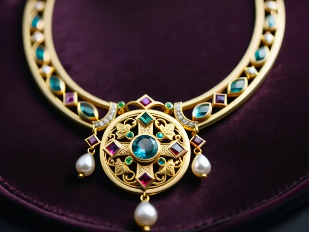 Un collar de oro con incrustaciones de gemas y perlas, en un fondo de terciopelo oscuro