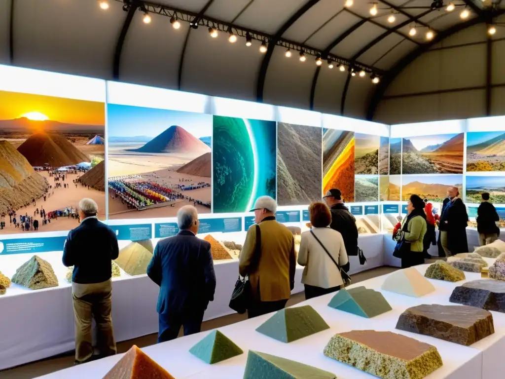 Colorida feria mineral con exhibición de especímenes geológicos