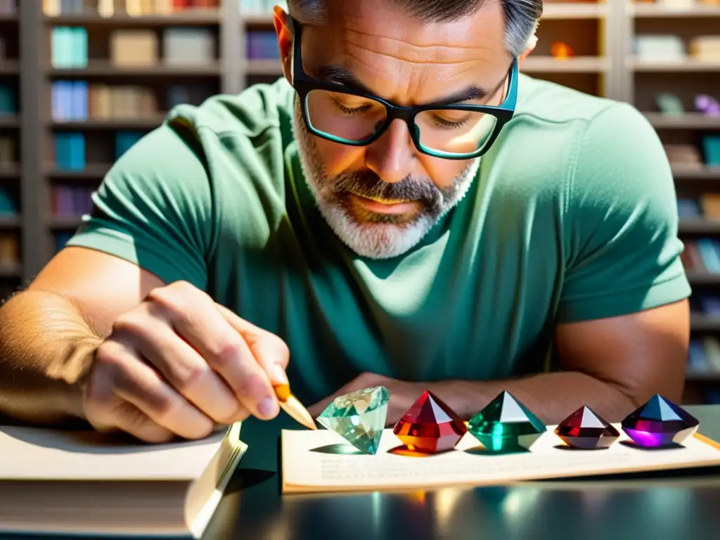 Geólogo examinando coloridas gemas bajo luz intensa, rodeado de libros sobre gemología