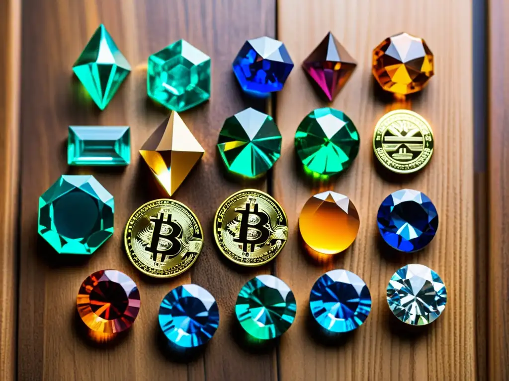 Joyas, Criptomonedas y Arte NFT: Diversidad en Inversión Una comparativa de gemas raras, criptomonedas y NFTs en una elegante superficie de madera pulida, destacando su potencial de inversión