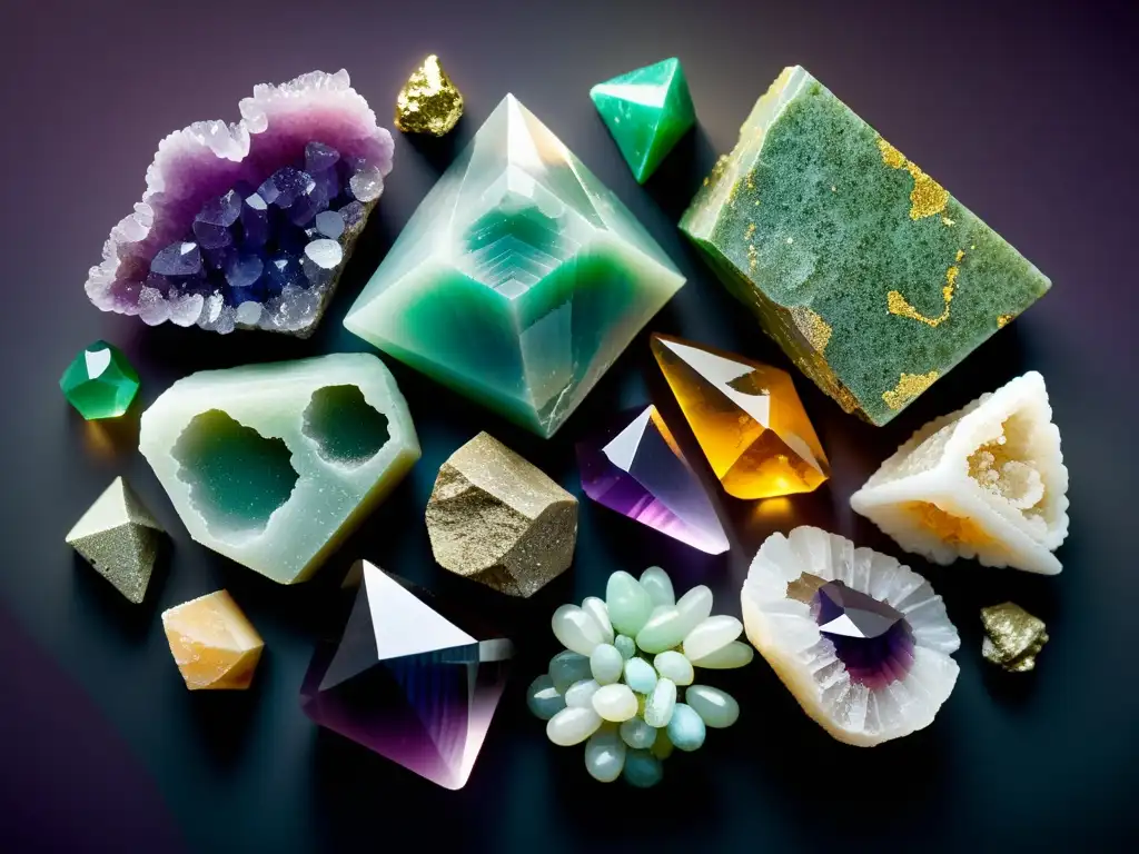 Una composición de minerales coloridos como cuarzo, amatista, jade y pirita, resaltando su belleza natural