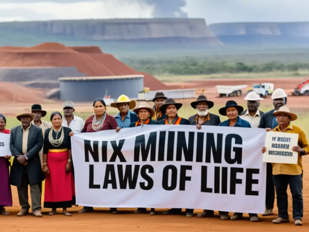 Comunidad indígena protesta contra leyes mineras, mostrando preocupación y determinación en contraste con la maquinaria industrial