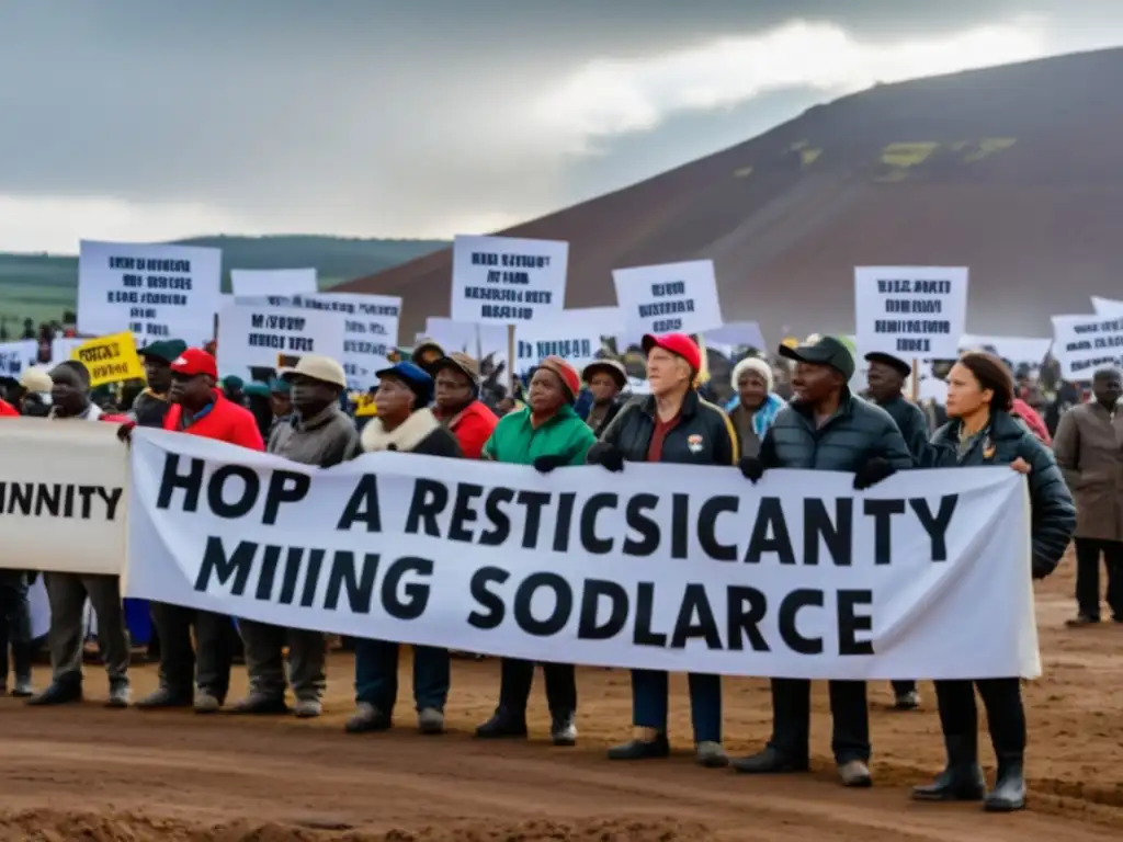 Comunidad resistiendo unida al impacto social de la minería en sus comunidades, expresando determinación y solidaridad bajo un cielo nublado