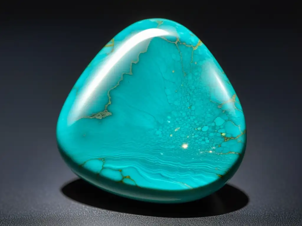 Consejos para proteger el color de turquesas: Detalle de piedra turquesa brillante sobre fondo oscuro, resaltando su belleza natural y brillo