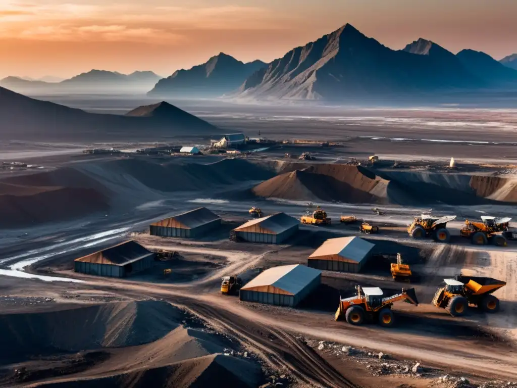 Desolación por contaminación minera impacto ambiental: paisaje devastado, maquinaria pesada y pueblo abandonado en medio de la destrucción industrial