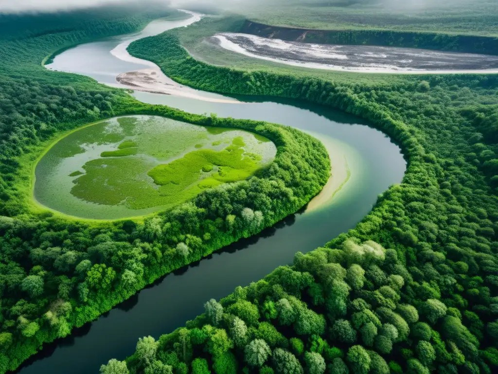 Contraste impactante: bosque exuberante frente a impacto ambiental de minería de gemas en zonas de conflicto