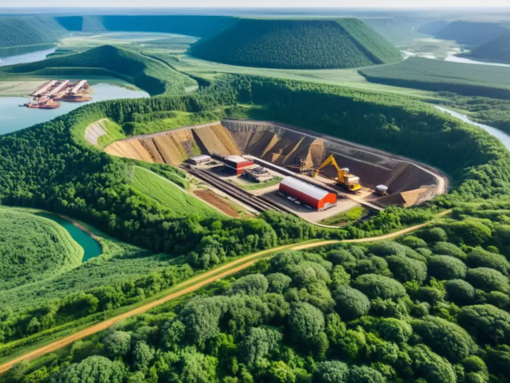 Contraste impactante entre mina y bosque, enfatizando impacto ambiental minería sostenibilidad