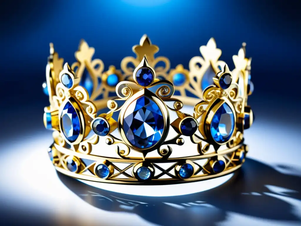 Una corona majestuosa con zafiros celestiales que capturan el significado religioso de la celestialidad en las regalías