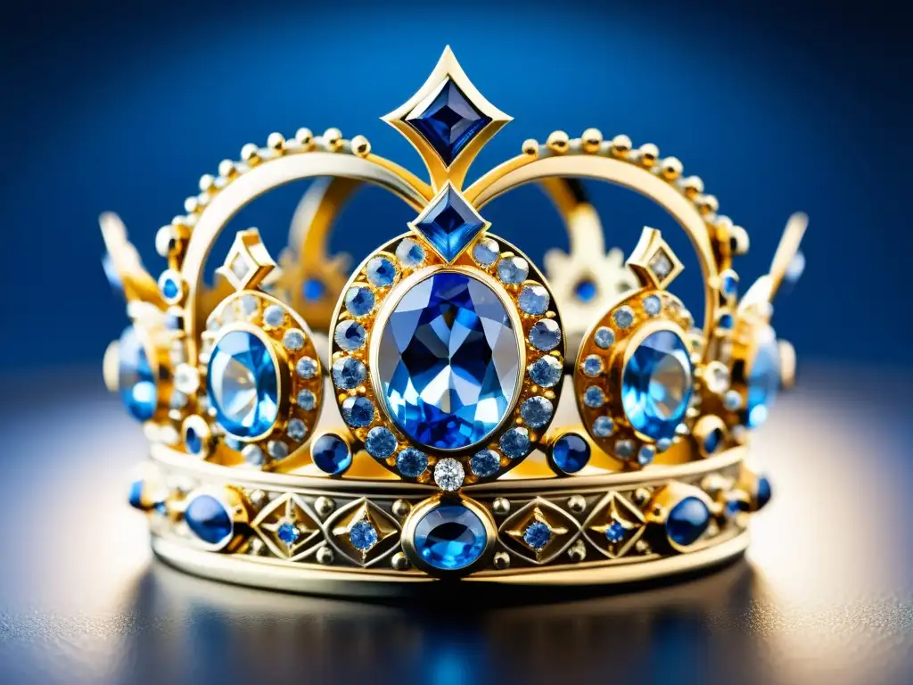 Una corona real con zafiros celestiales reflejando luz, exudando opulencia y significado espiritual en religiones