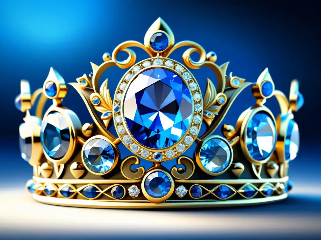 Una corona real con zafiros celestiales, resplandeciendo en azul celestial, simbolizando su importancia en la realeza y su significado religioso