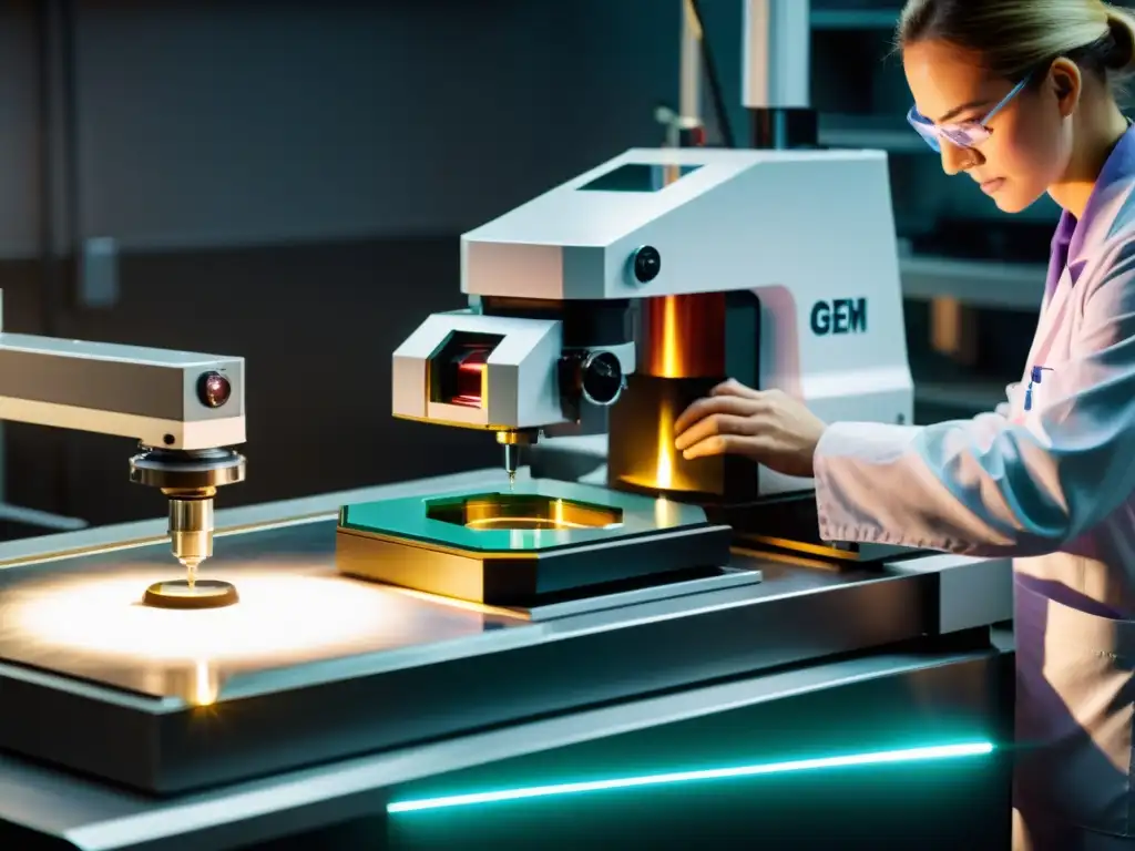 Automatización en el corte de gemas: Máquina de corte de gemas de última generación en taller tenue, con técnicos supervisando el proceso automatizado