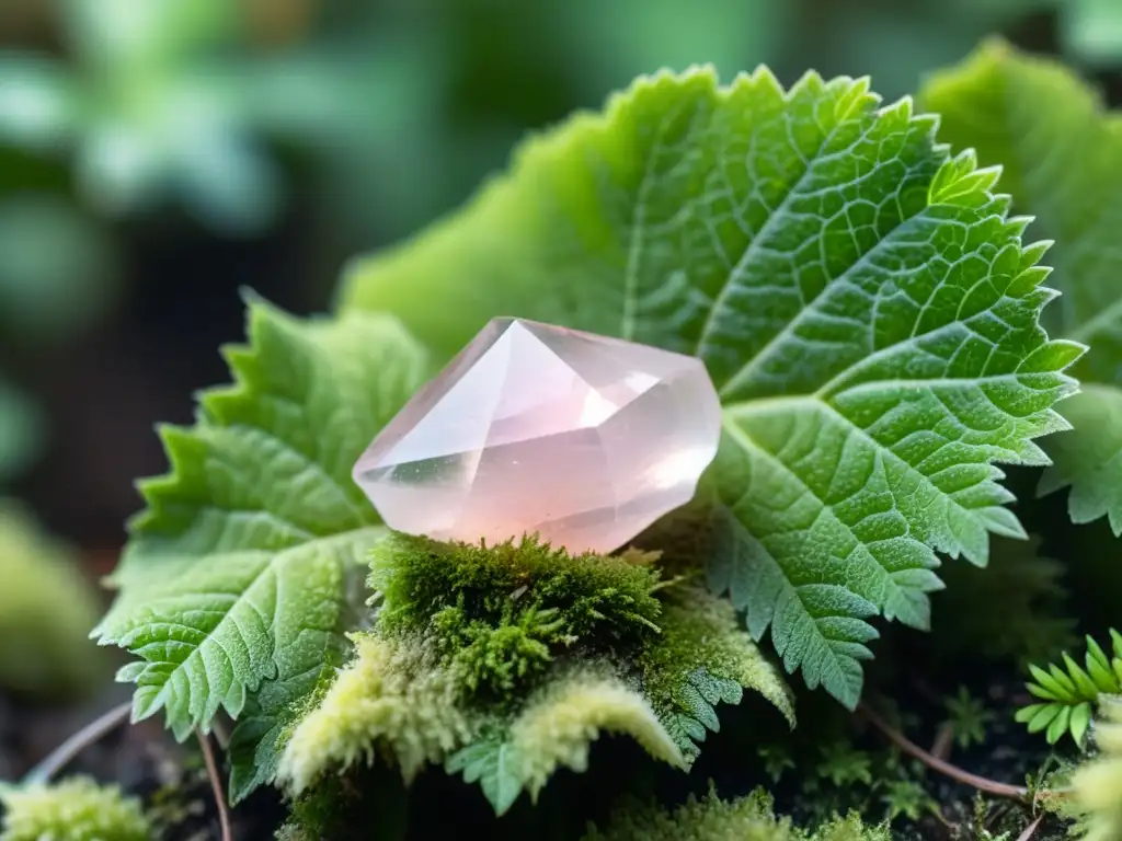 Un cristal de cuarzo rosa reposa en musgo verde, bajo la suave luz del sol