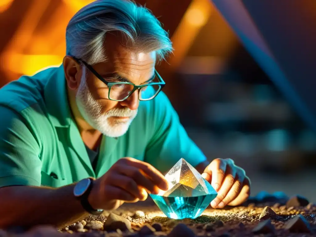 Un geólogo examina detalladamente un cristal bajo una intensa luz, mostrando la dedicación de un experto en minerales