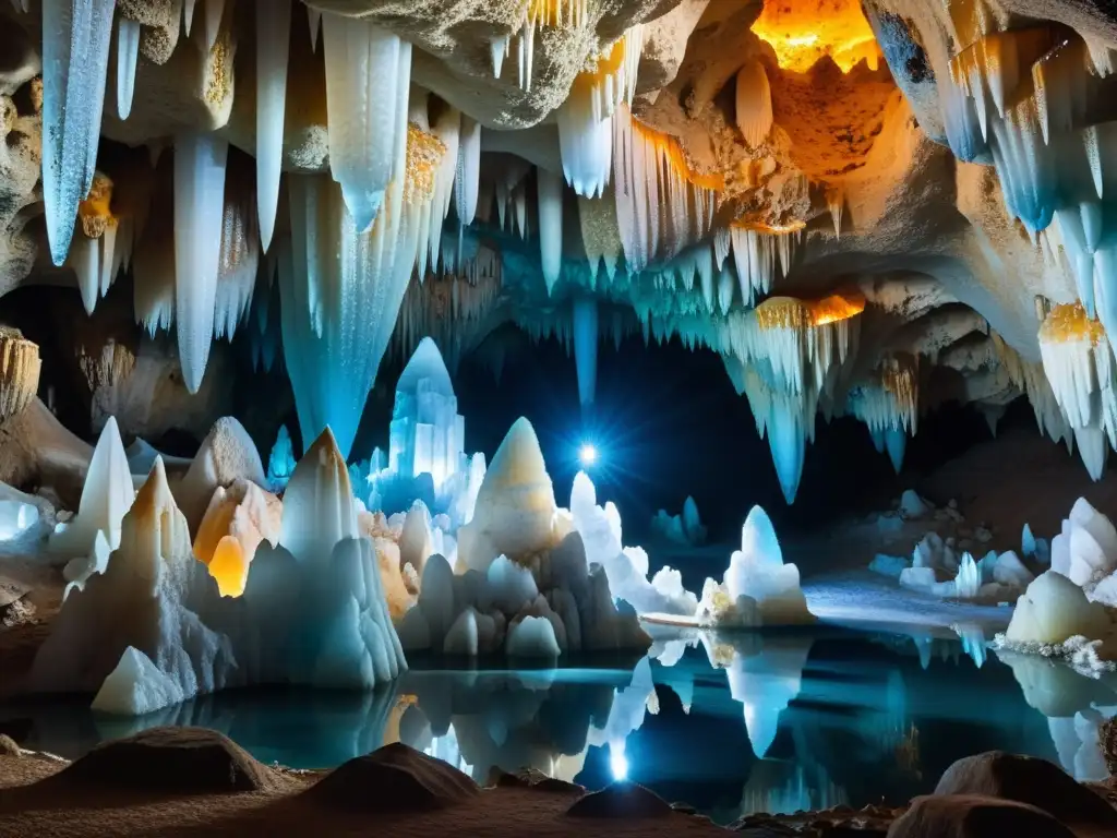 Maravillosa formación de cristales en cuevas naturales, iluminados por luz natural