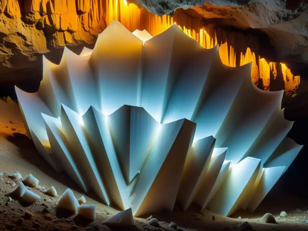 Cristales gigantes de Naica: impresionante formación de cristal de yeso en una caverna subterránea, iluminada por cálidos focos, revelando su belleza única y detalles intrincados